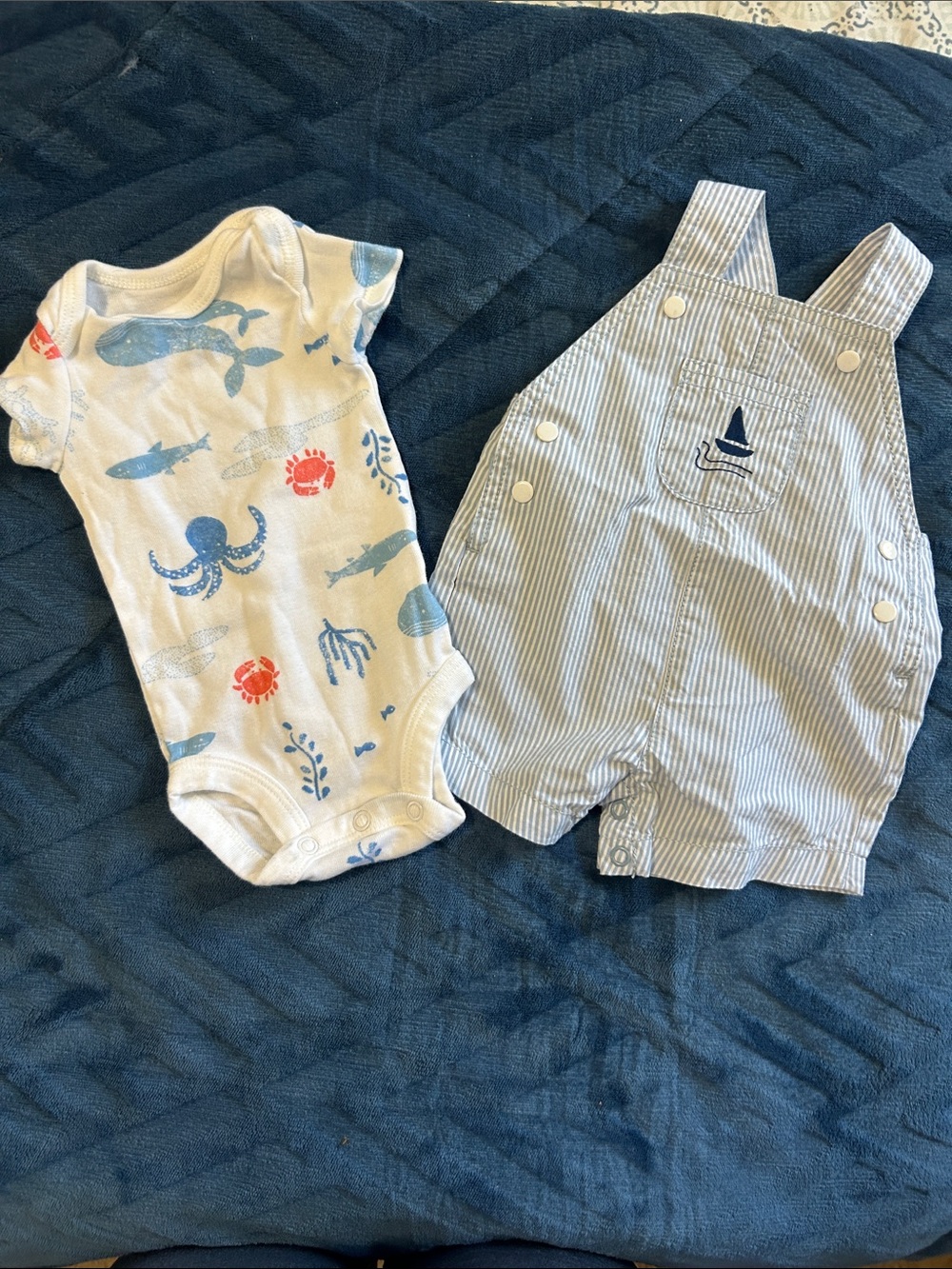 Carter's Navy Striped Overall & Ocean Print Bodysuit Set